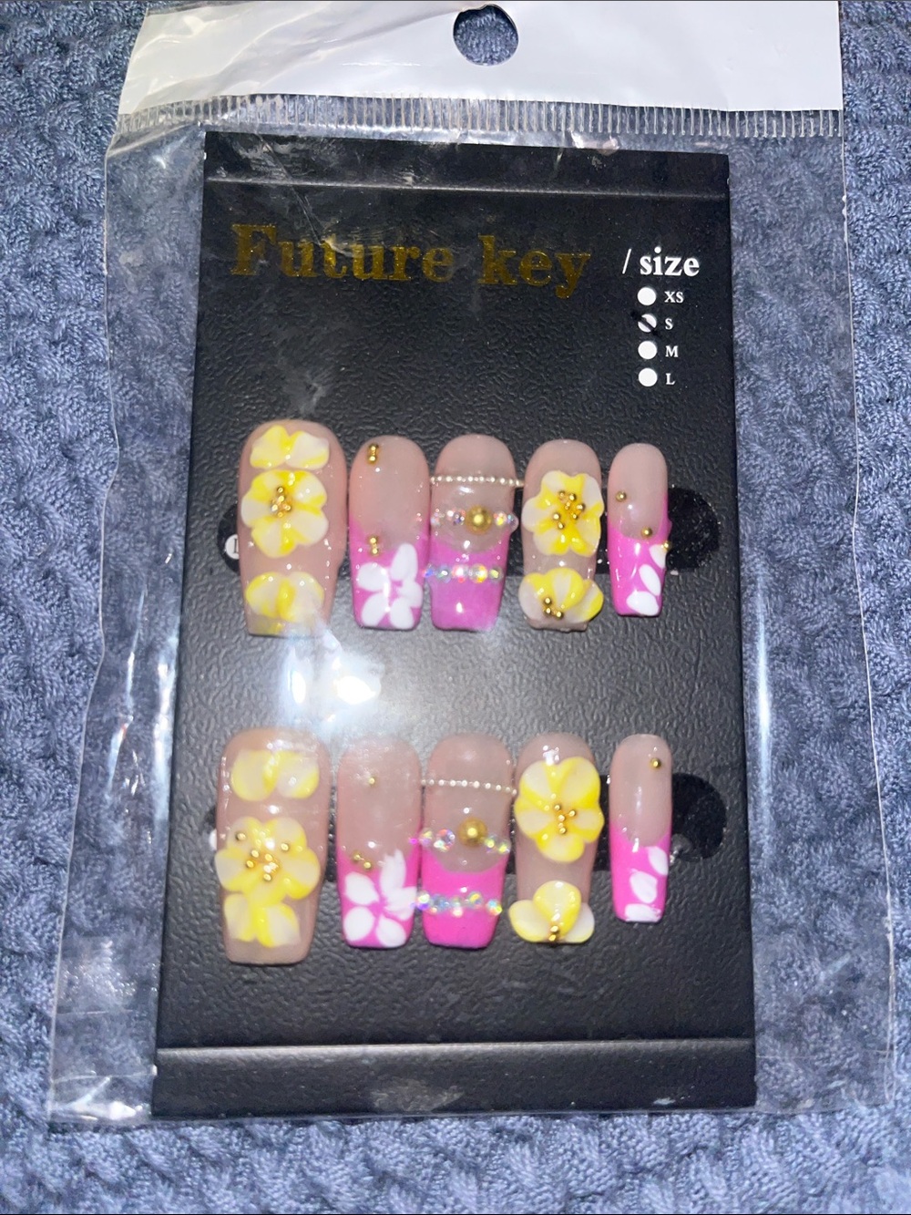 Hand made Future Key Pink & Yellow Floral Press-On Nail Set